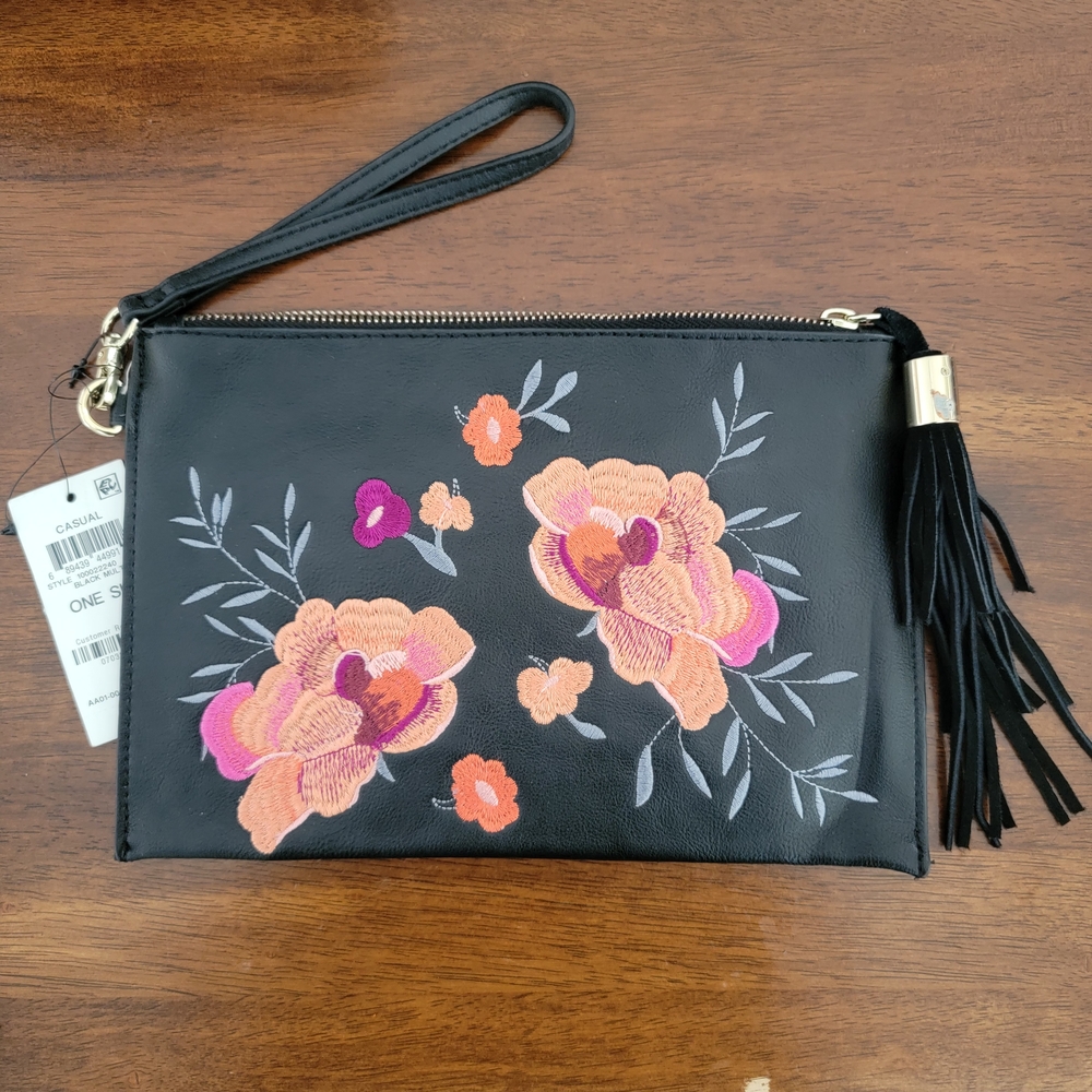 INC International Concepts Black Clutch with Floral Embroidery